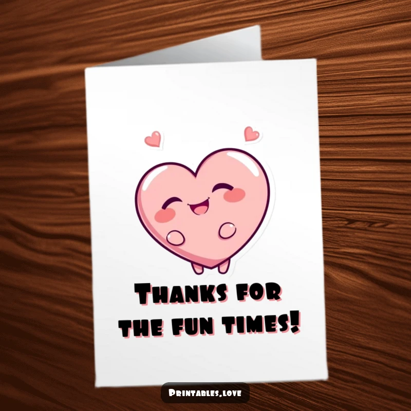 Funny Free Printable Thank You Card: A heart character with a sly, giggling grin, looking over its shoulder playfully.