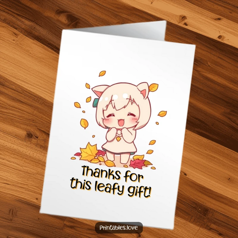 Free Printable Thank You Card featuring a cute Kawaii character enthusiastically catching leaves, conveying thanks with a playful touch.