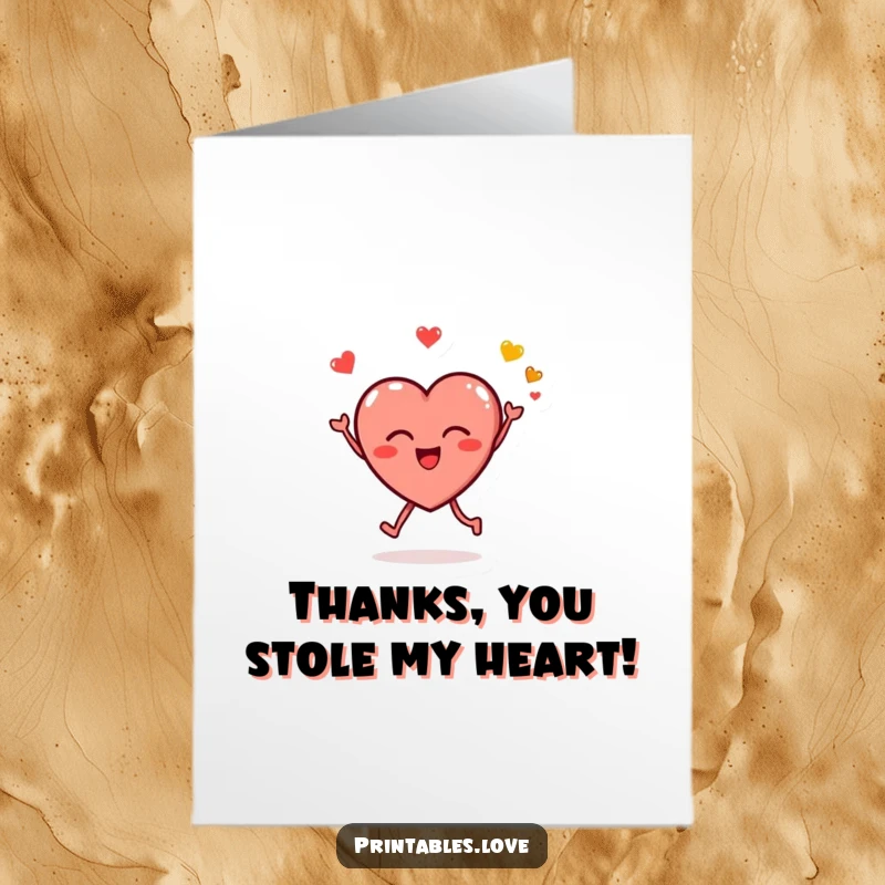 Funny Free Printable Heart Thank You Card: Small heart character leaping, blowing kissy emojis to say thanks.