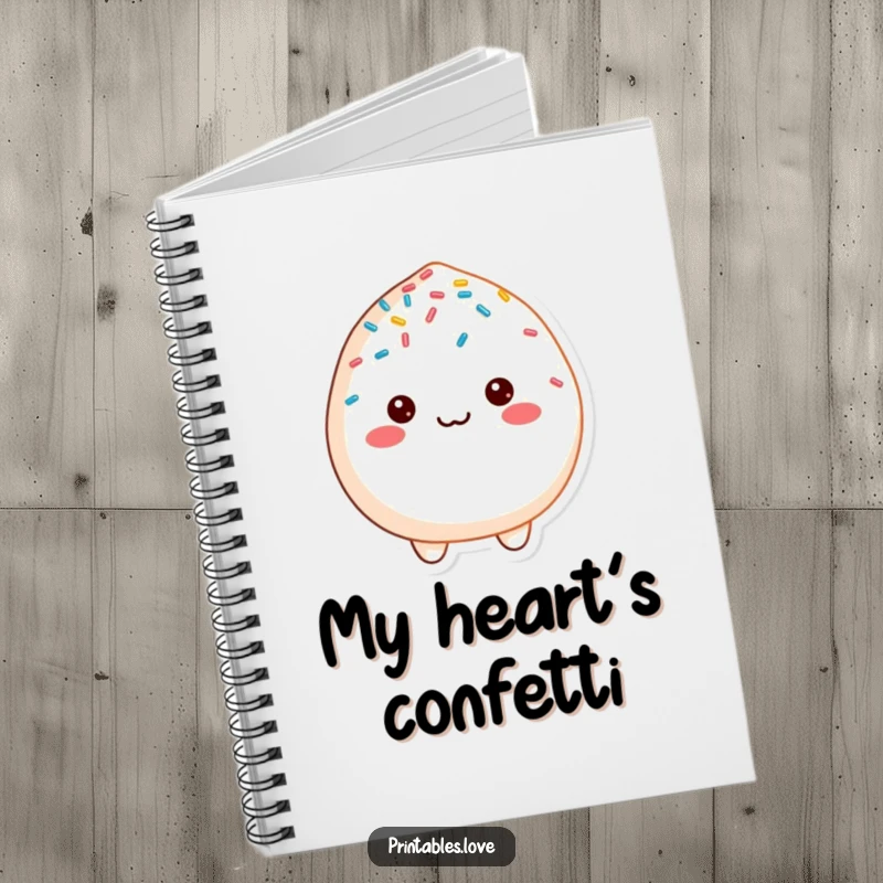 Funny cheerful mochi character, joyfully covered in sprinkles, on the cover of a notebook for writing.