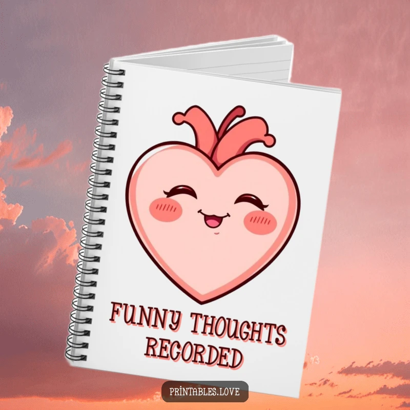 Funny Giggling Heart Notebook with rosy cheeks, giggling uncontrollably, perfect for jotting down funny ideas with a humorous twist.