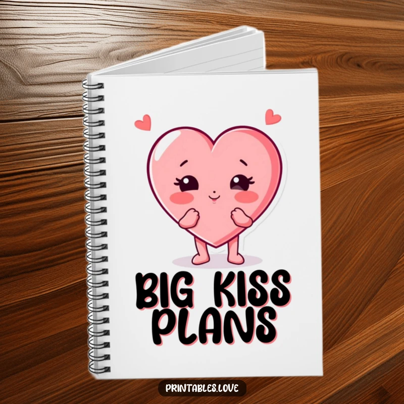 Funny heart character notebook, playfully blowing a kiss with cheeks puffed out, ideal for journaling and note-taking with cheerful flair.
