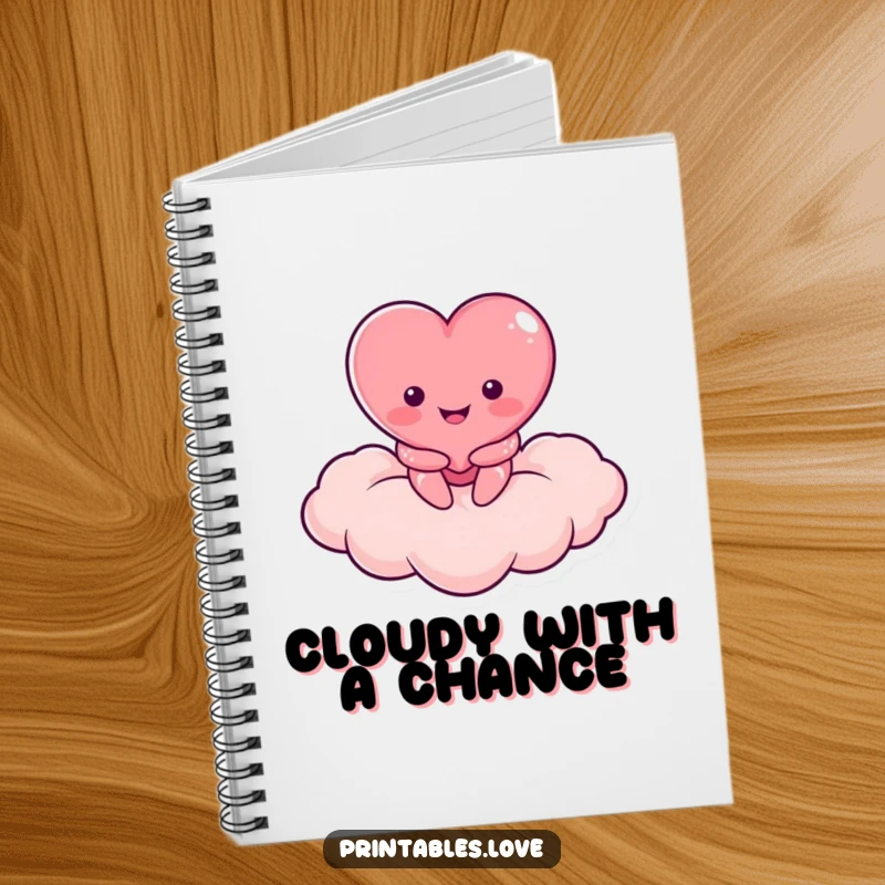 Funny notebook with a smiling heart character resting on a heart-shaped cloud, ideal for writing.
