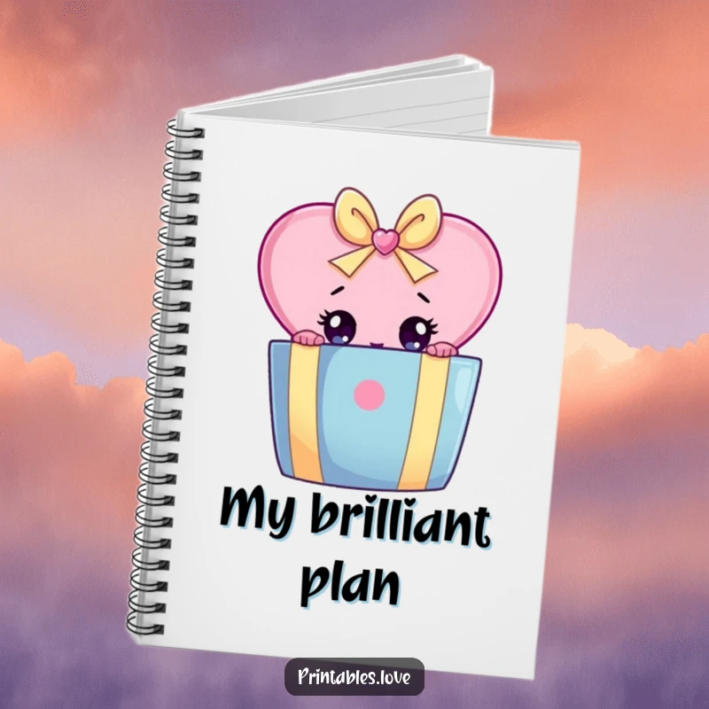 Funny notebook featuring a heart character with wide eyes peeking from behind a large, colorful gift box.