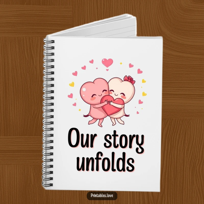 Funny notebook with two heart characters joyfully hugging with sparkles, perfect for journaling thoughts with love and friendship.