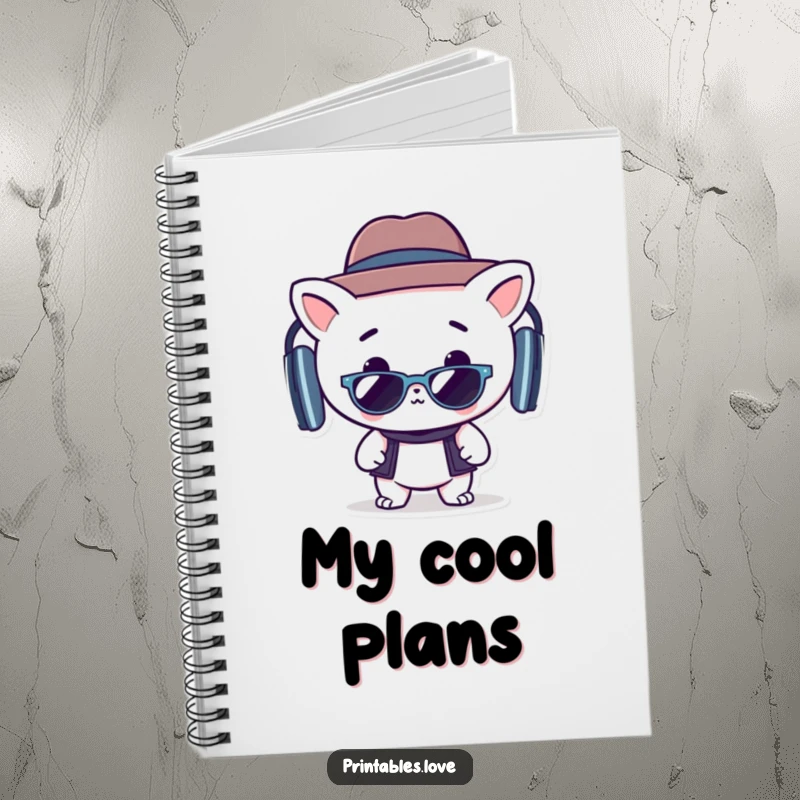 Funny notebook with a groovy Kawaii character wearing a hat and sunglasses, ready for notes.