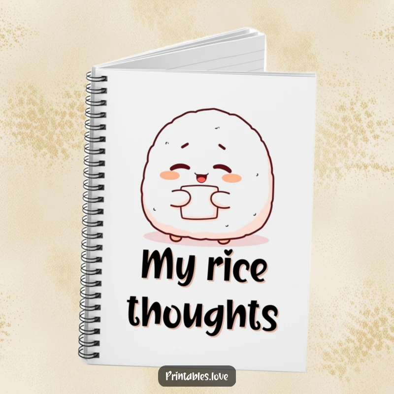 Funny onigiri notebook with a giggling character winking with nori, perfect for note-taking with a playful and secretive theme.