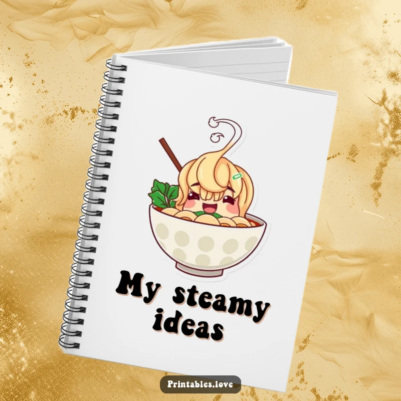 Funny ramen bowl notebook with a cheerful character and hilariously rising steam, perfect for note-taking with a playful food theme.