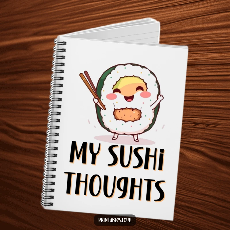Funny sushi roll notebook with a smiling character dancing with chopsticks, perfect for note-taking with a playful culinary theme.