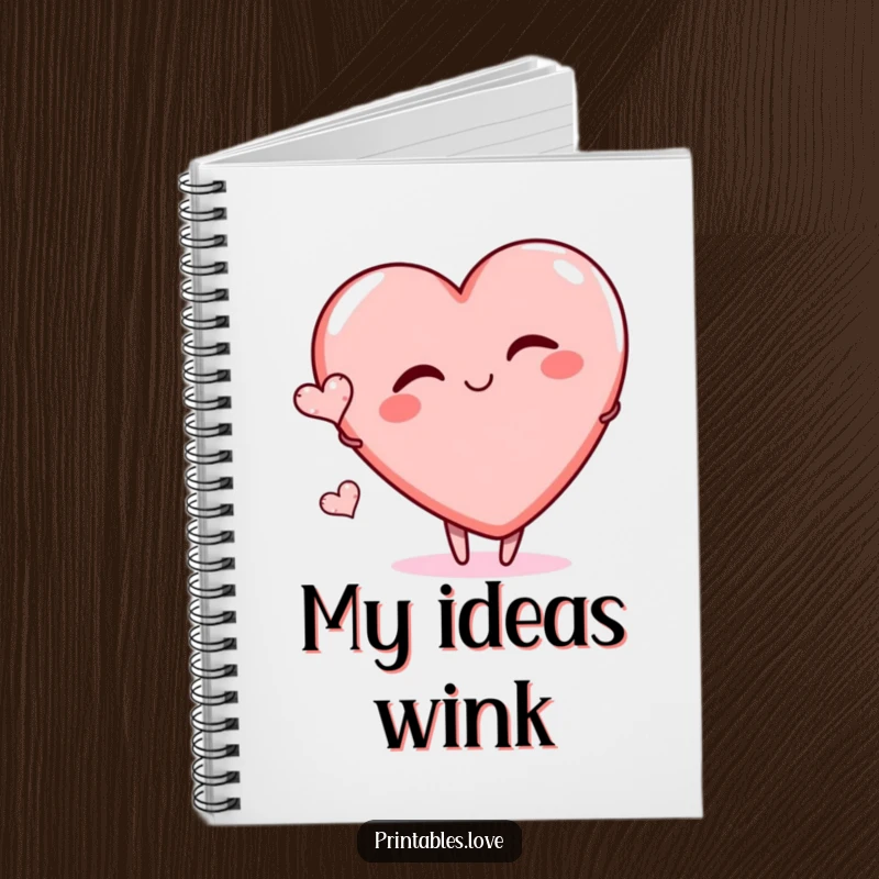 Funny notebook with a large heart character playfully winking and a tiny heart floating, perfect for journaling thoughts with playful humor.