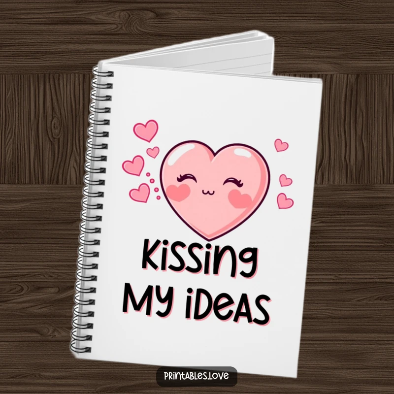 Funny notebook cover featuring a heart with chubby cheeks blowing a kiss, surrounded by a trail of little hearts.