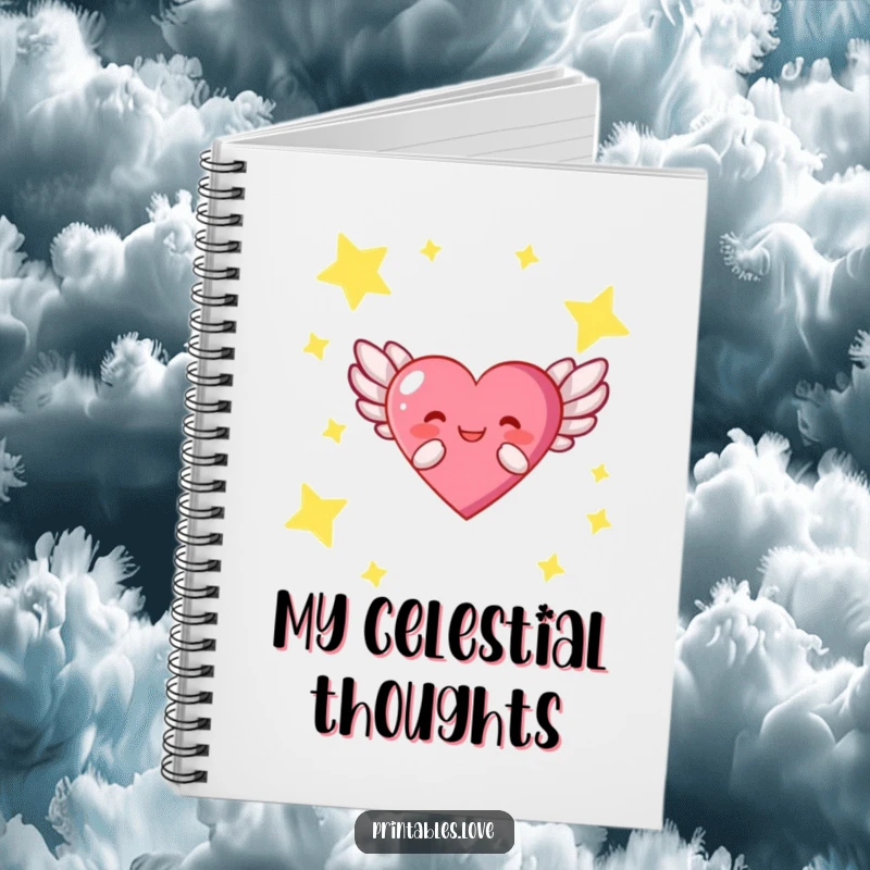 Funny notebook with a heart character sporting wings, soaring through a starry expanse, perfect for journaling celestial ideas.