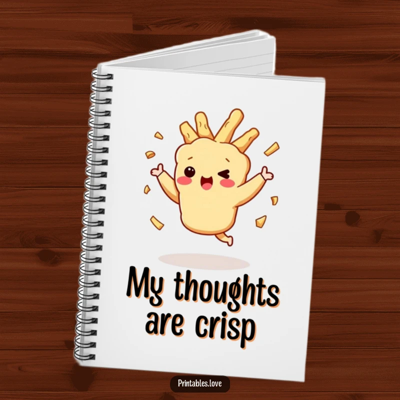 Funny dancing tempura character, with crispy bits in motion, on the cover of a notebook for creative ideas.