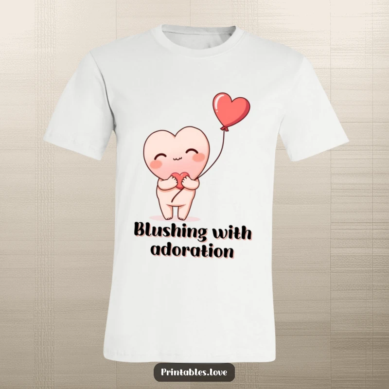 Funny t-shirt with a heart blushing deeply and shyly holding a heart balloon, a sweet and tender design, a great gift.
