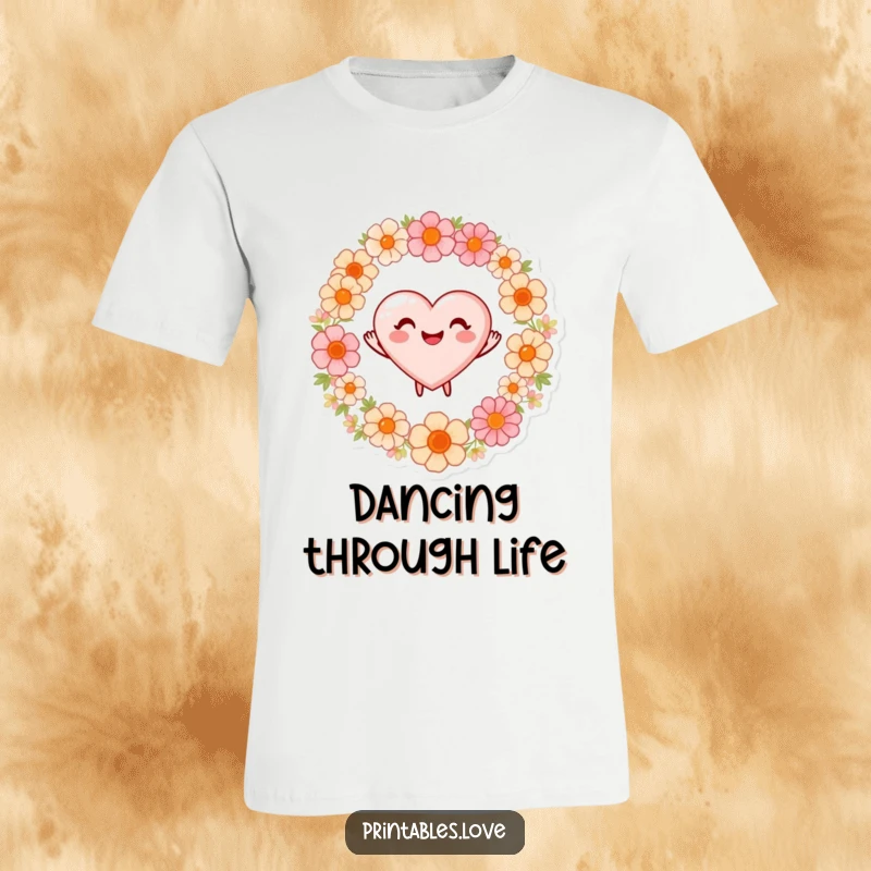 Funny t-shirt featuring a heart with a wide, beaming smile, happily dancing in a ring of blooming flowers.
