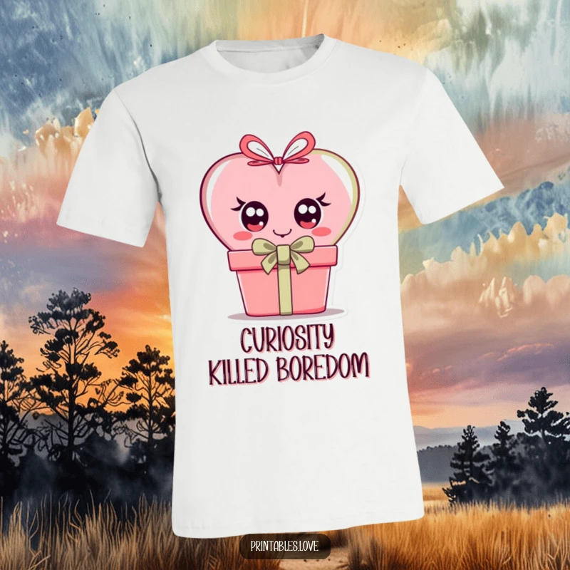 Funny t-shirt with a heart sporting large, inquisitive eyes, cautiously peeking from behind a wrapped gift box.