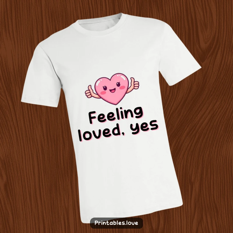 Funny t-shirt with a small, pink heart character with tiny arms giving a positive thumbs up gesture.