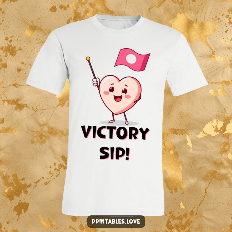 Funny t-shirt showing a smiling heart character energetically waving a small flag, embodying pure enthusiasm and joy.