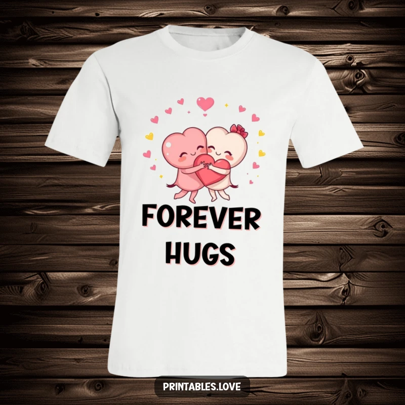 Funny t-shirt featuring two heart characters joyfully hugging with sparkles, representing strong bonds and loving connections.