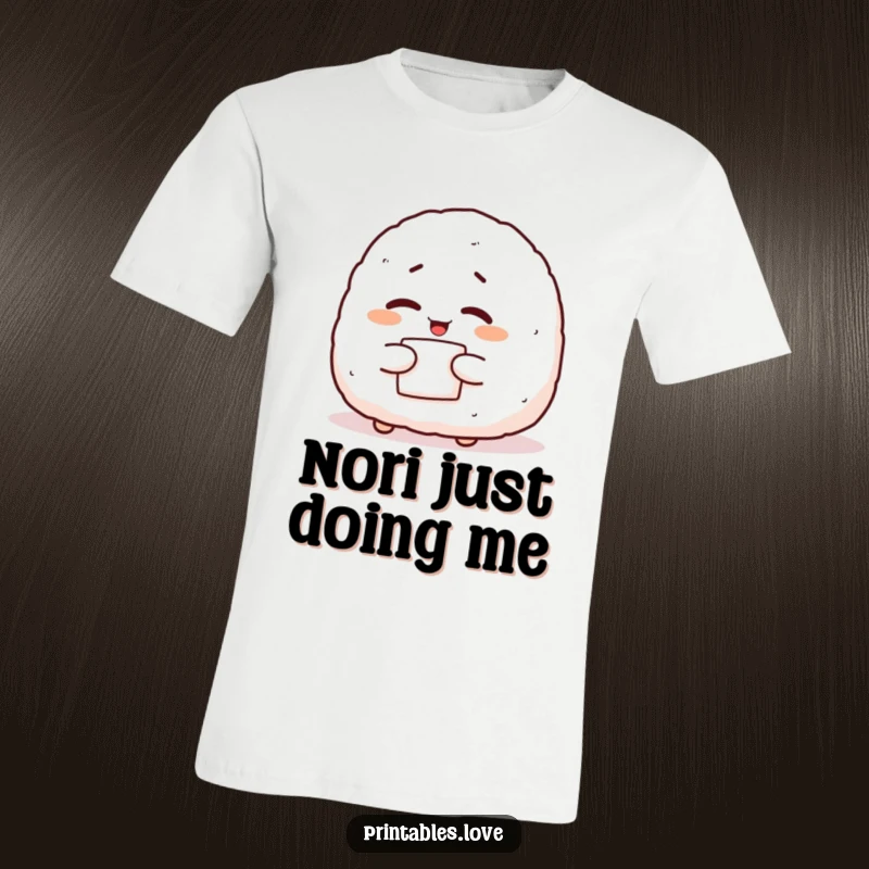 Funny onigiri t-shirt with a giggling character winking with nori, perfect for expressing a playful and humorous personality.