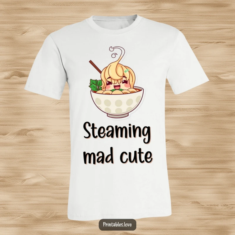 Funny ramen bowl t-shirt with a cheerful character and hilariously rising steam, perfect for expressing love for noodles with humor.
