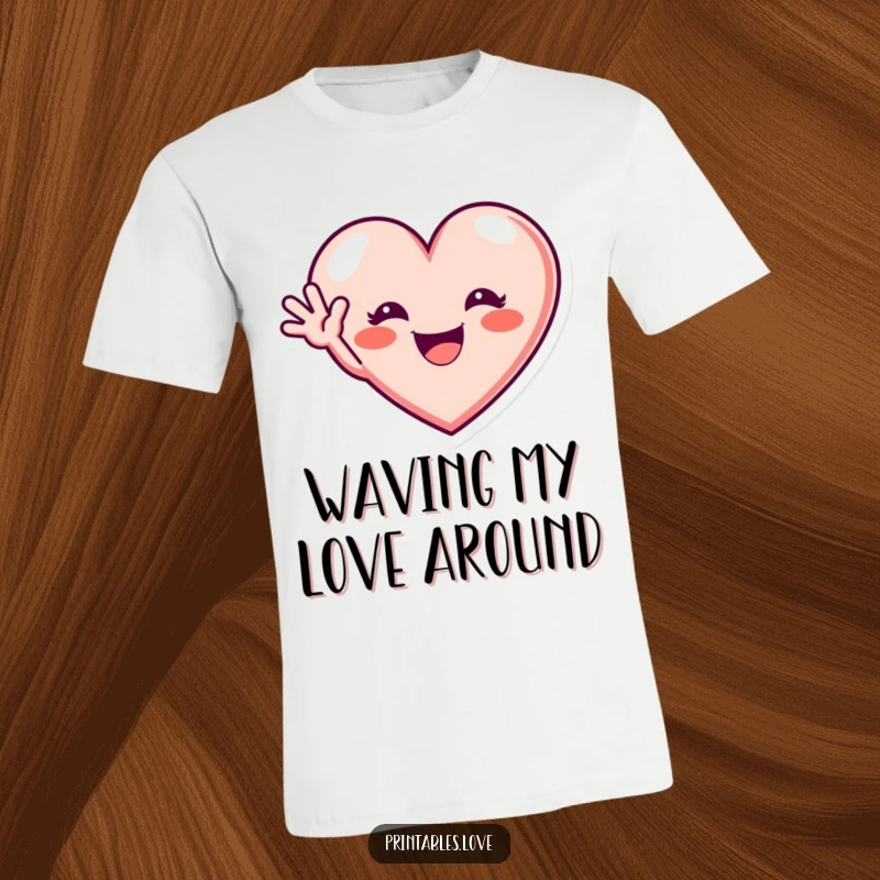 Funny t-shirt with a heart showing an excited grin and waving hello, a cheerful and friendly design, a great gift.