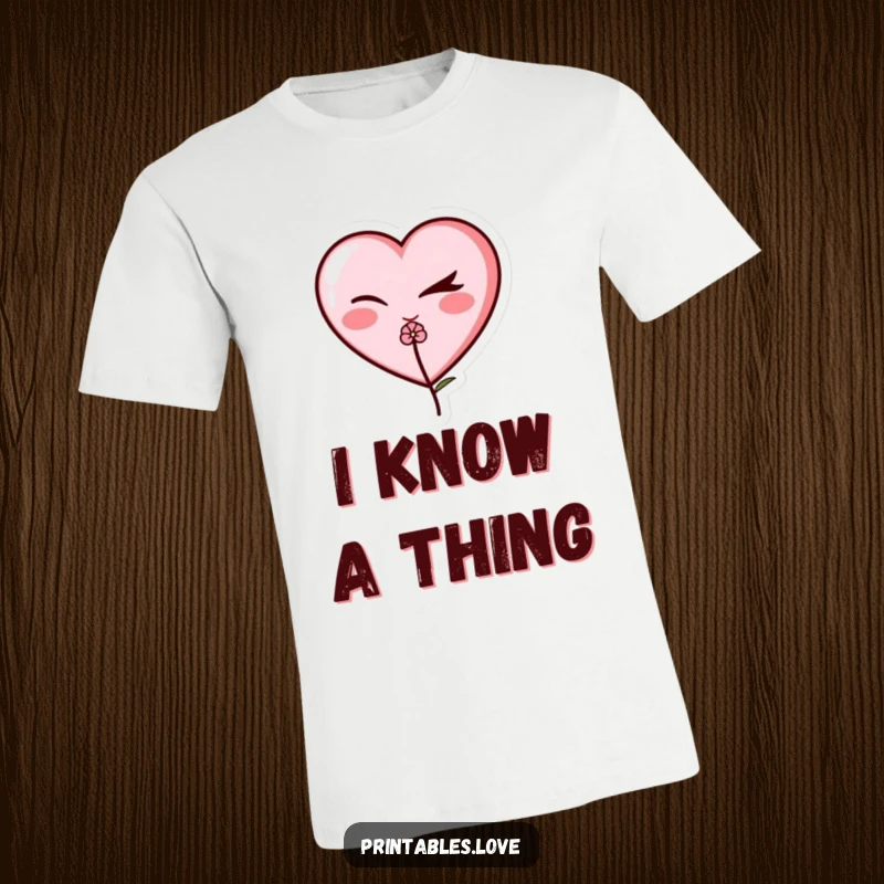 Funny winking heart t-shirt, a cute heart character with a sly eye closed in a wink, holding a delicate bloom.