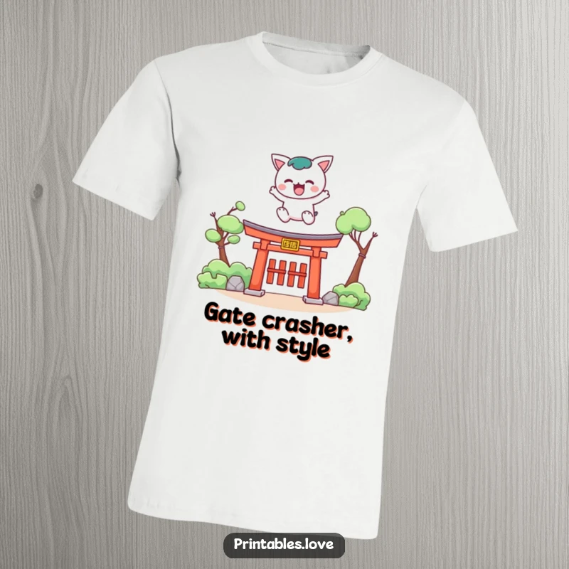 Funny Kawaii t-shirt depicting a cute character leaping dynamically over a small torii gate with determination.