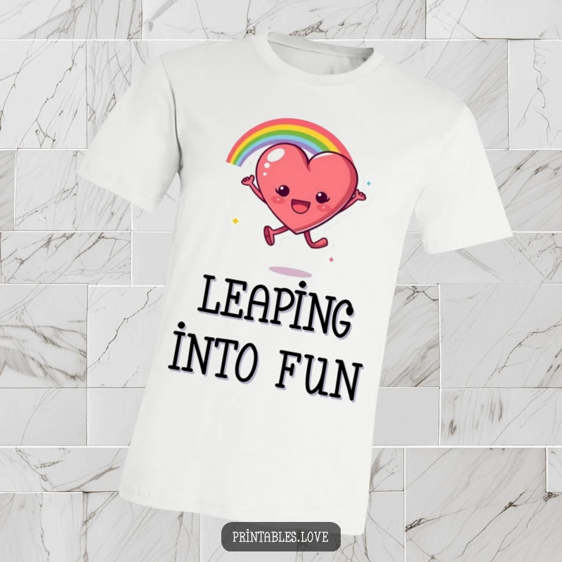 Funny t-shirt featuring a heart character joyfully leaping, with a bright, curving rainbow arc trailing behind them.
