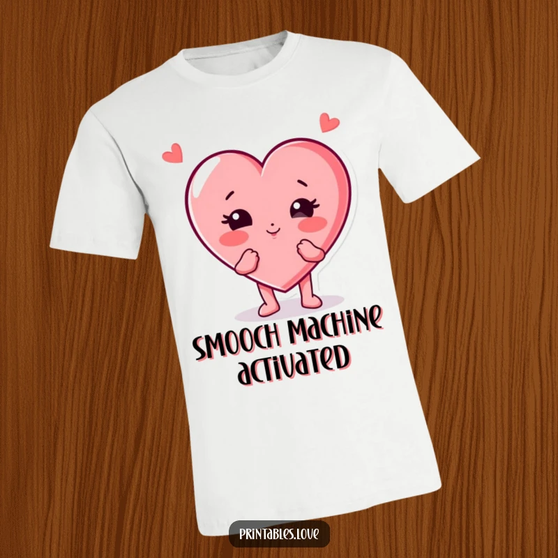 Funny heart character t-shirt, playfully blowing a kiss with cheeks puffed out, expressing cheerful affection and playful charm.
