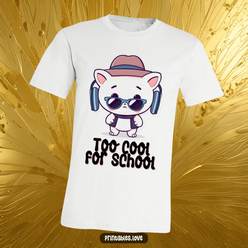 Funny t-shirt with a cheerful Kawaii character sporting a cool hat and sunglasses, grooving with infectious energy.