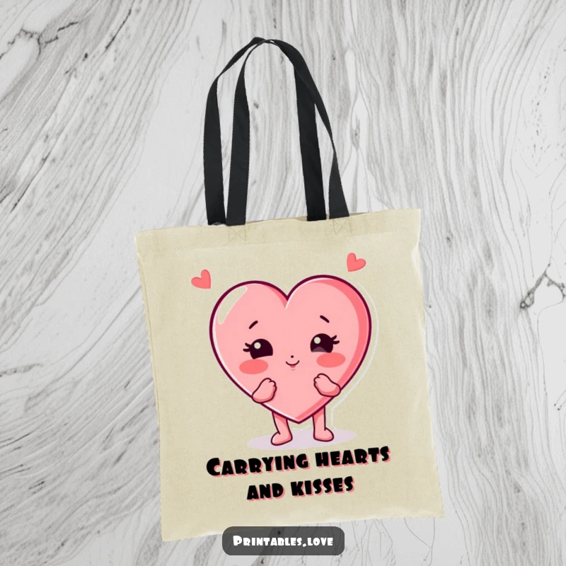 Funny heart character tote bag, playfully blowing a kiss with puffed cheeks, designed for carrying daily items with cheerful style.