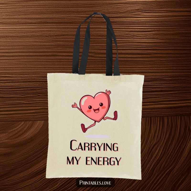 Funny heart tote bag, a cartoon heart character performing a cartwheel with a happy smile, perfect for carrying items.