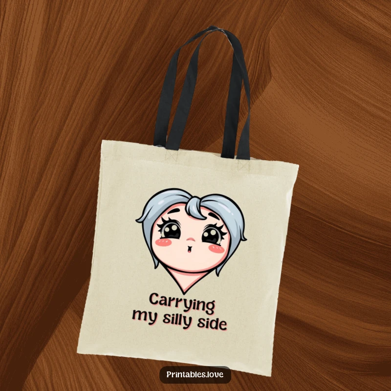 Funny tote bag with a heart making an exaggerated silly face, perfect for carrying essentials with a dose of humor.