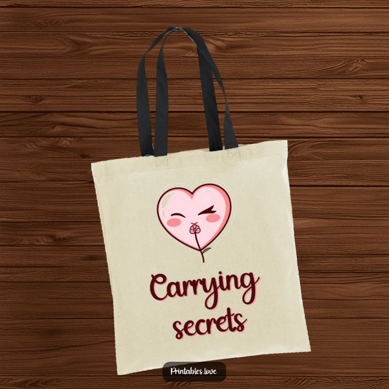 Funny winking heart tote bag, a cute heart character giving a sly wink while presenting a tiny, delicate flower.