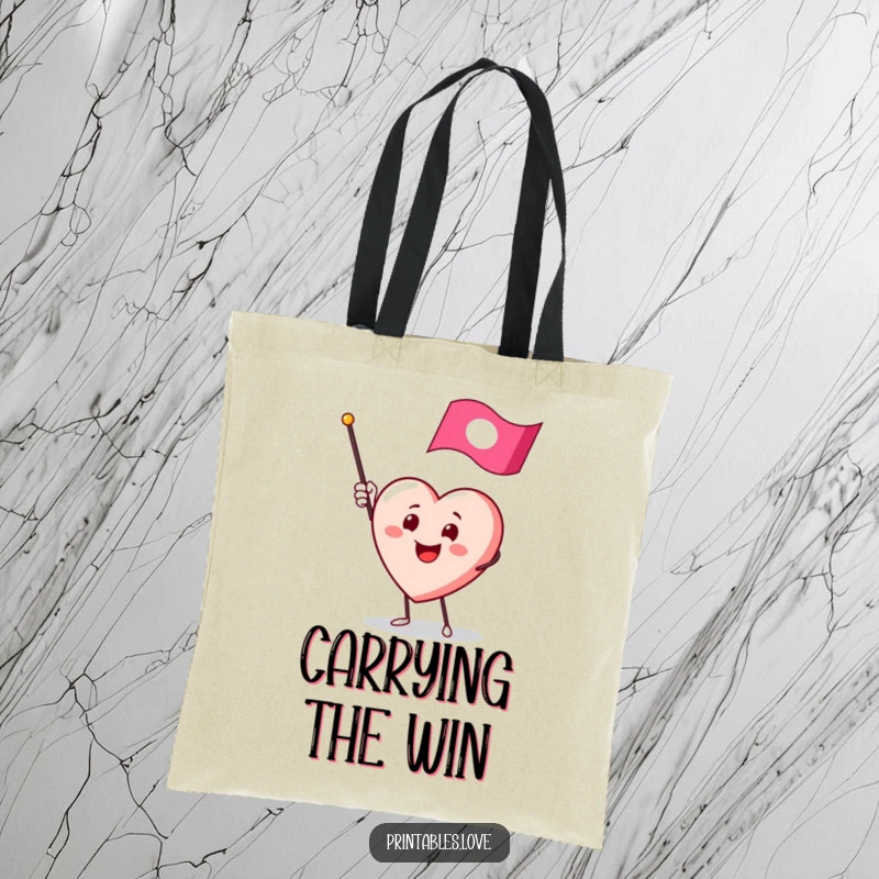 Funny tote bag showcasing a smiling heart character enthusiastically waving a small flag, perfect for cheerful carrying.