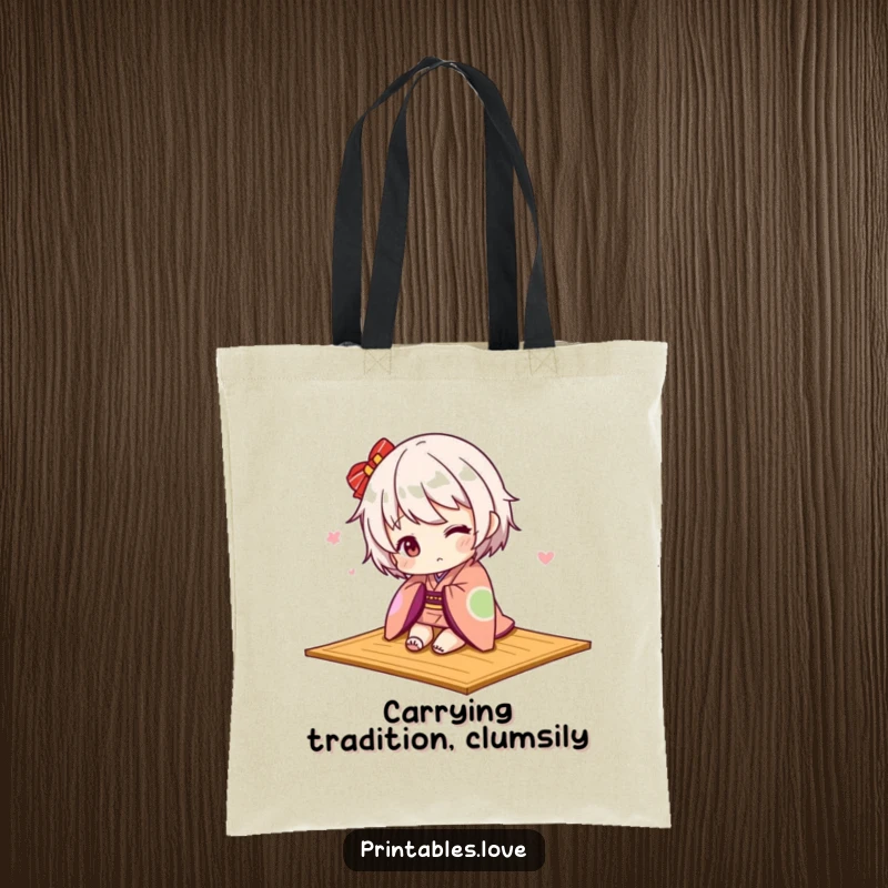 Funny Kawaii kimono tote bag, a cute character tripping over a mat, playful and adorable, humorous.