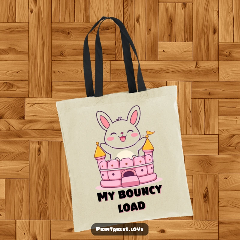 Funny bao bun tote bag with a grinning character bouncing on a bouncy castle, perfect for carrying items with cheerful humor.