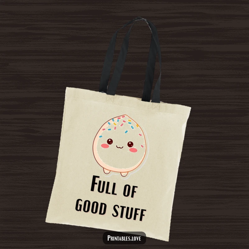 Funny cheerful mochi character, delightedly covered in sprinkles, on a durable and stylish tote bag.