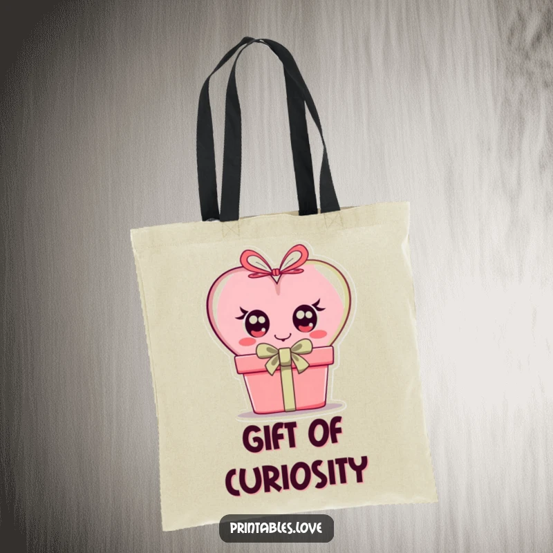 Funny tote bag design featuring a heart with large, curious eyes peering mysteriously from behind a gift box.