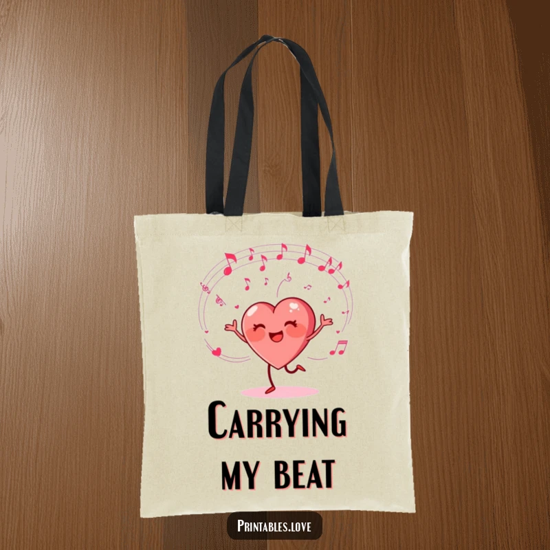 Funny tote bag depicting a heart character happily dancing with swirling musical notes, ideal for carrying items with a musical theme.