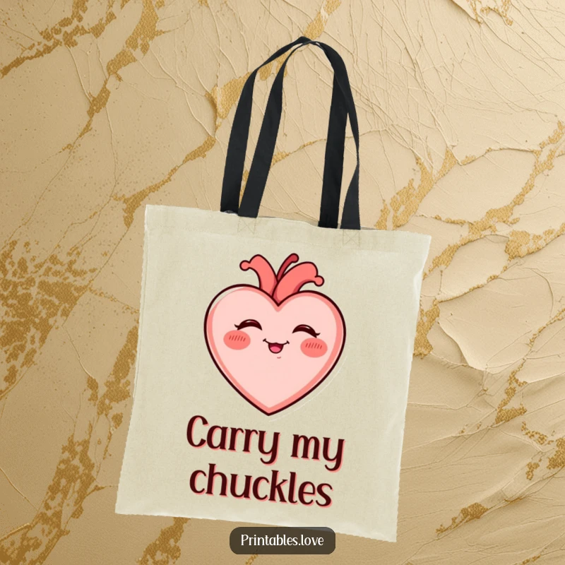 Funny Giggling Heart Tote Bag with rosy cheeks, giggling uncontrollably, ready to carry your items with a smile and infectious charm.