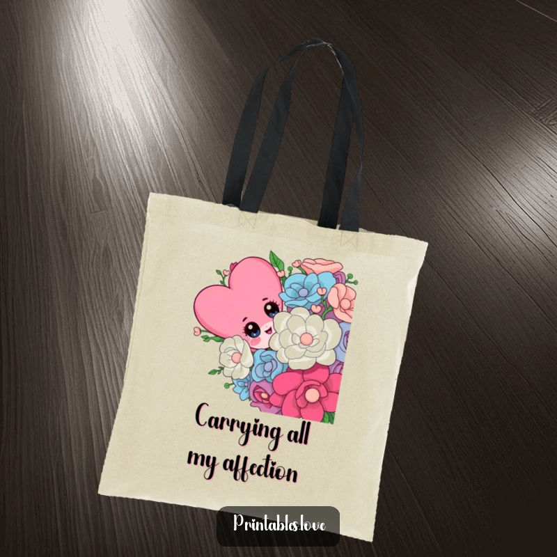 Funny tote bag with a delightful heart character with curious eyes peeking from a giant bouquet, perfect for daily use.