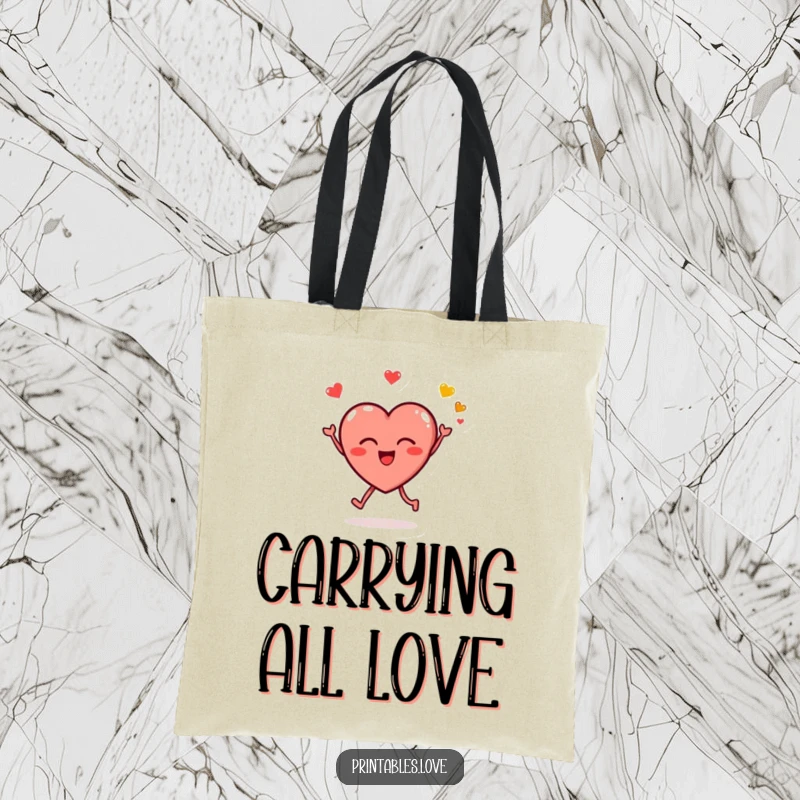 Funny tote bag depicting a small, round heart character joyfully leaping and blowing kissy emojis, ideal for daily use with love.