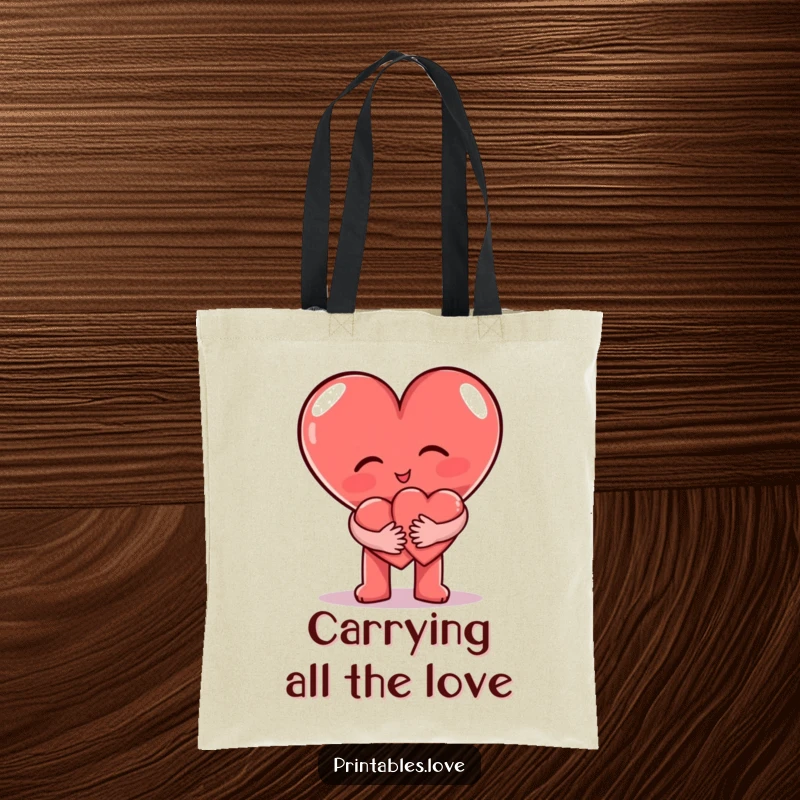 Funny Tote Bag showcasing a sweet heart character hugging another small heart character, perfect for carrying daily items.
