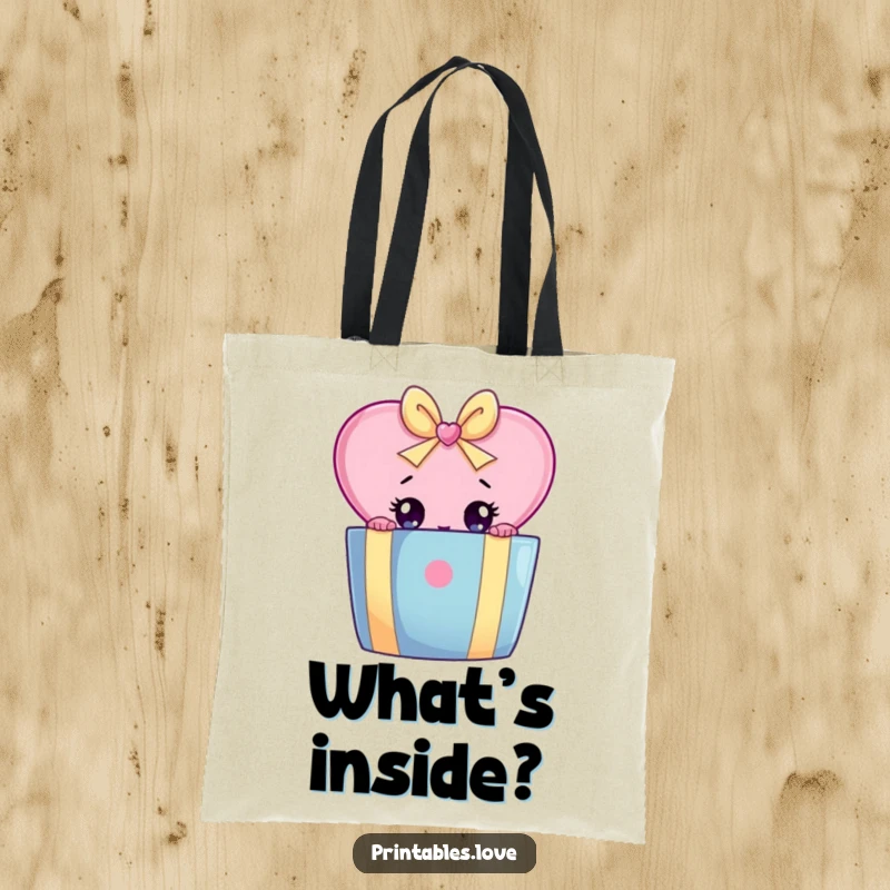 Funny tote bag with a heart character peeking from behind a large, exciting gift box, full of curiosity.