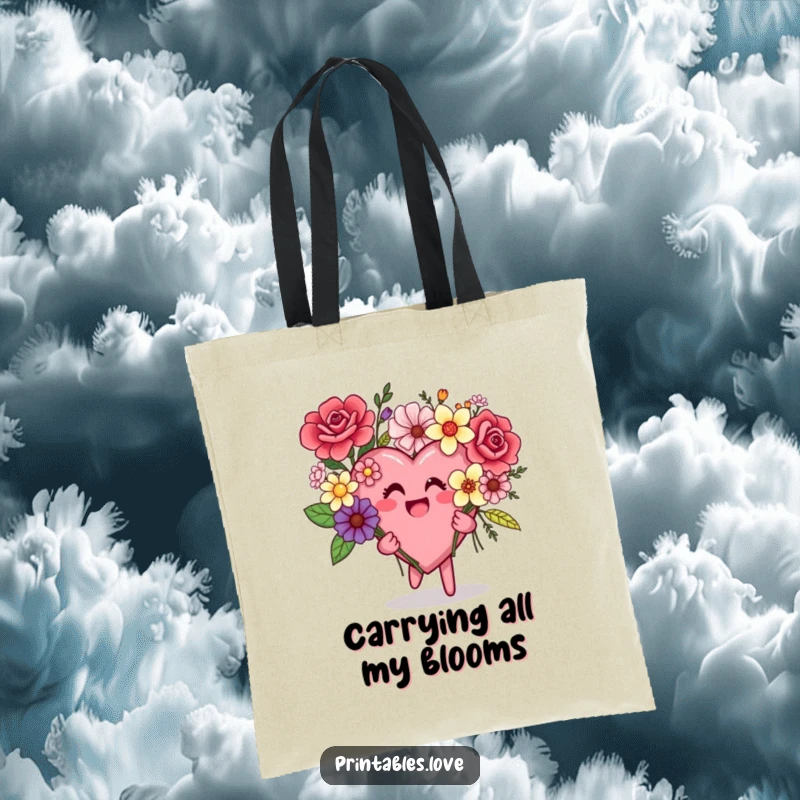 Funny tote bag featuring a happy heart character generously holding a unique and charming bouquet of assorted, non-matching flowers.