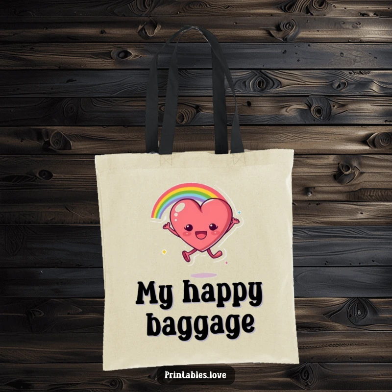 Funny tote bag showing a heart character leaping with excitement, trailing a vivid rainbow arc, perfect for carrying daily joys.