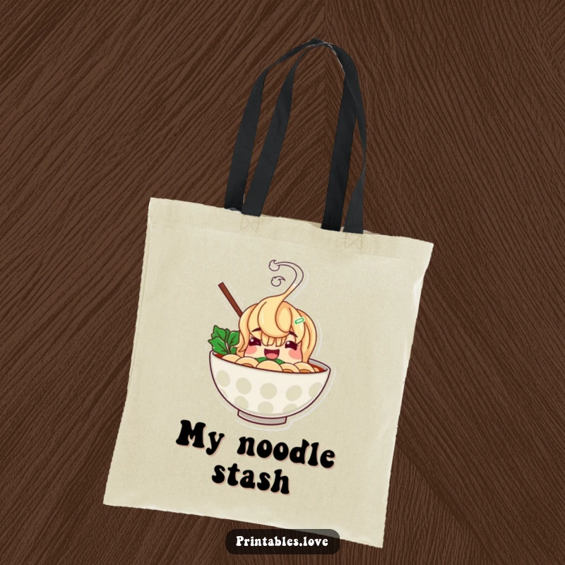 Funny ramen bowl tote bag with a cheerful character and hilariously rising steam, perfect for carrying essentials with a touch of food humor.