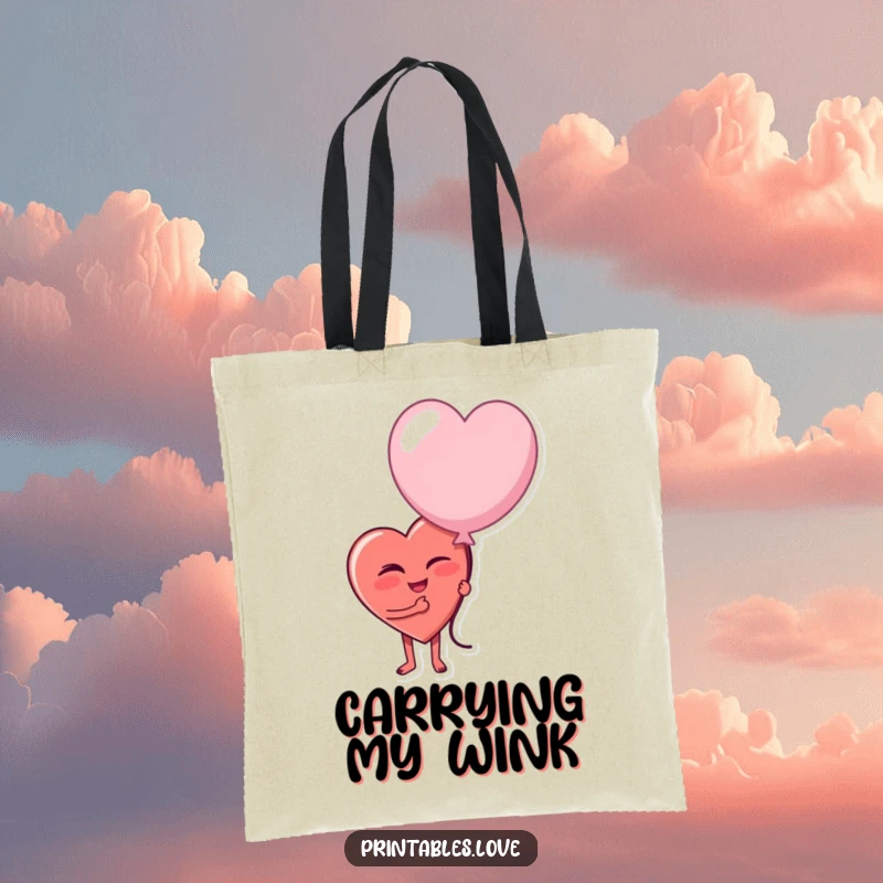Funny tote bag with a heart character playfully winking and holding a large, slightly deflated balloon, perfect for carrying essentials humorously.